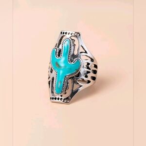 Western Silver and Faux Turquoise Cactus Ring